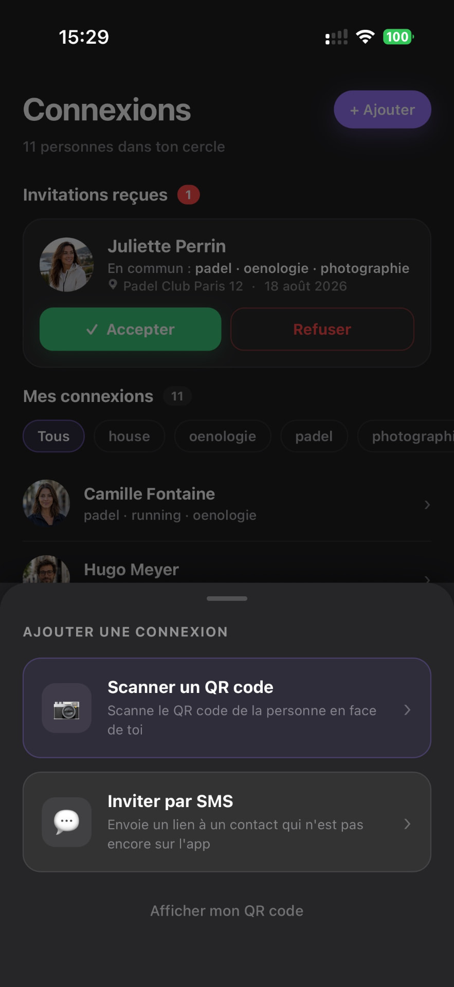 Écran Connexions de l'application Wyterabyt