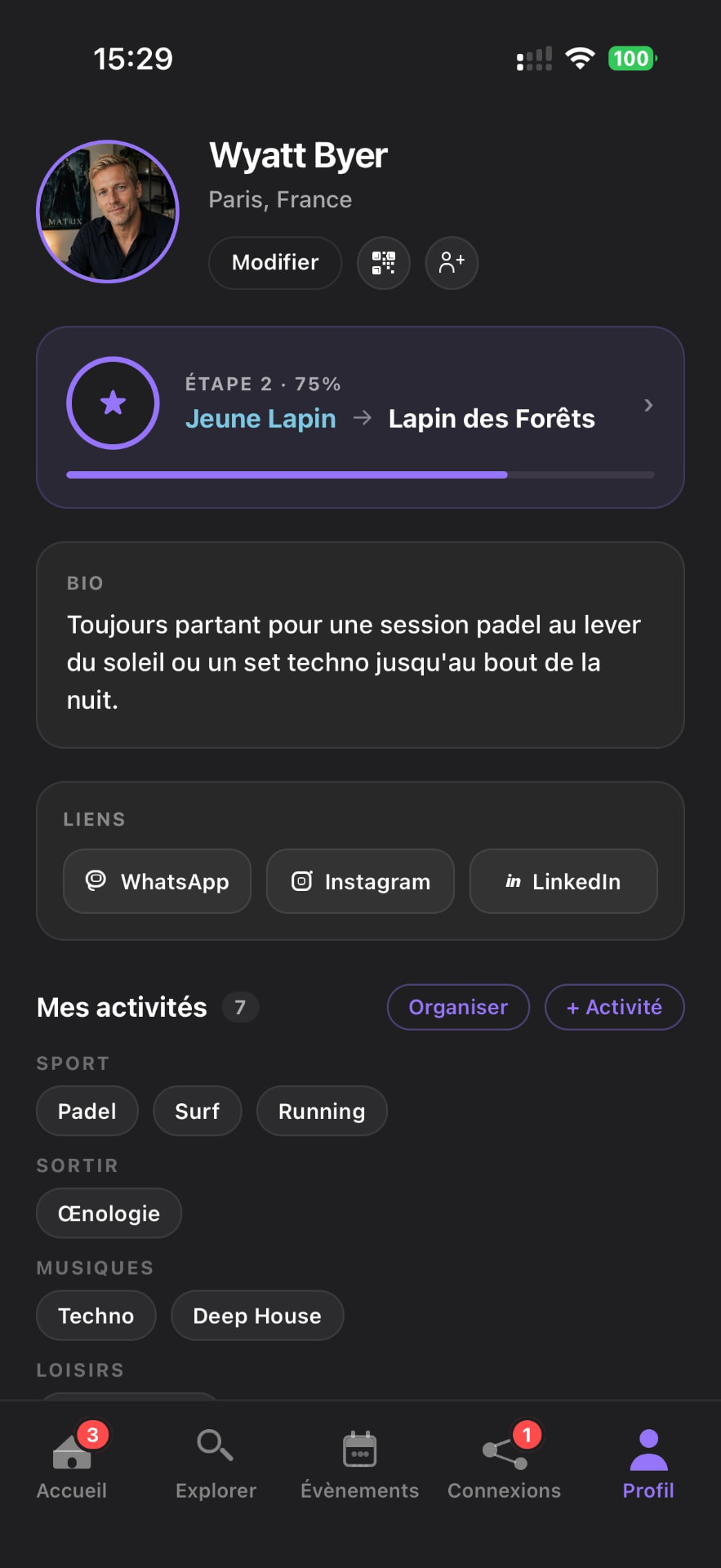 Écran Profil de l'application Wyterabyt