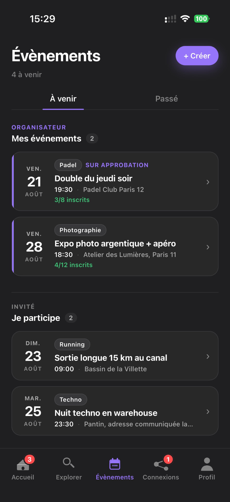 Écran Évènements de l'application Wyterabyt